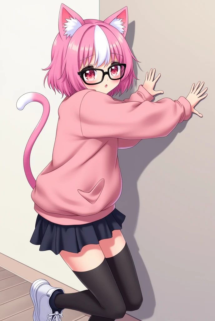 I have pink white hair, cat ears, a bow, My face is super blushing, black glasses, pink heart eyes, a big pink sweatshirt, a skirt under her skirt a black short, black stockings, White shoes, a cat&#39;s tail, A very shy girl I&#39;m hitting you against a wall grabbing her butt