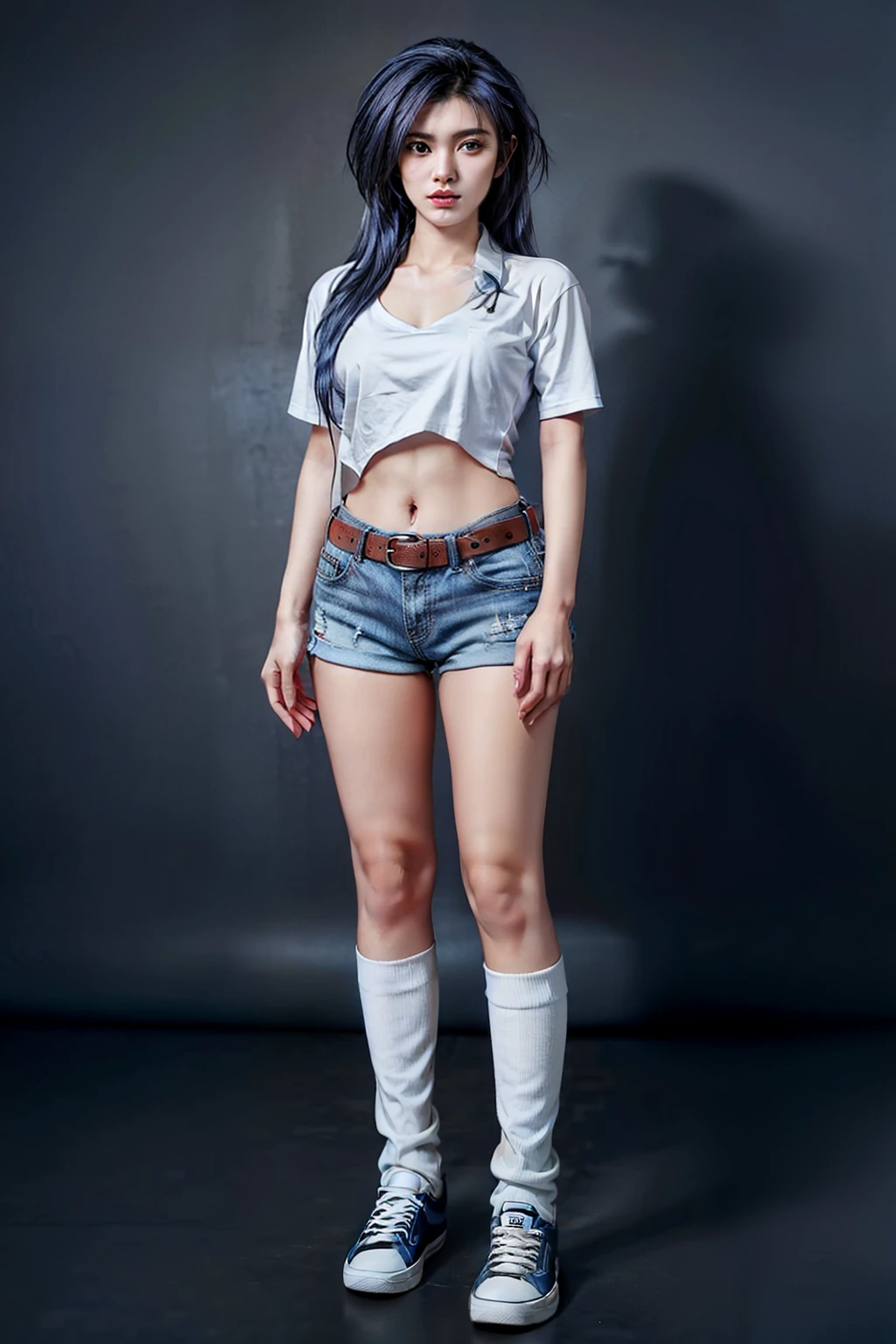 (RAW shooting, Photoreal:1.5, 8k, highest quality, masterpiece, ultra high resolution), perfect dynamic composition:1.2, Highly detailed skin and facial textures:1.2, 1girl:1, asian girl:1,Glamourous female, beautiful and aesthetic:1.2, sexy beauty, perfect style, belief, Strong-willed, revenge, Fair skin, very beautiful face, (large breast:1.4, Chest gap:1.4), (wearing a sexy casual fashion:1.2), (beautiful eyes, Eyes that feel beautiful eros:1.0), (Too erotic:0.9, Bewitching:0.9), (full body photo:2), (perfect limbs:1.2), (perfect fingers:1.2),(white shirt, short shorts:2, short sleeves:1.4, shoes,dark blue hair:1.4, long hair,knee high socks,belt:2, navel,Mio Serizawa:1.4),(simple background:1),(standing:2),