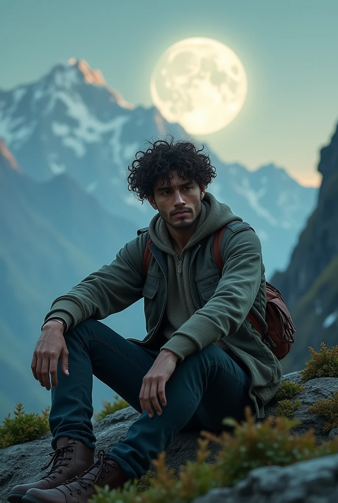 (photorealism:1.2), beautiful man, sitting on mountain, wearing snack shoulder ,curly hair, outdoor moon, soft lighting, plants in background, sky with moonlight, mountain kalash, relaxed pose, realistic, intricate details,