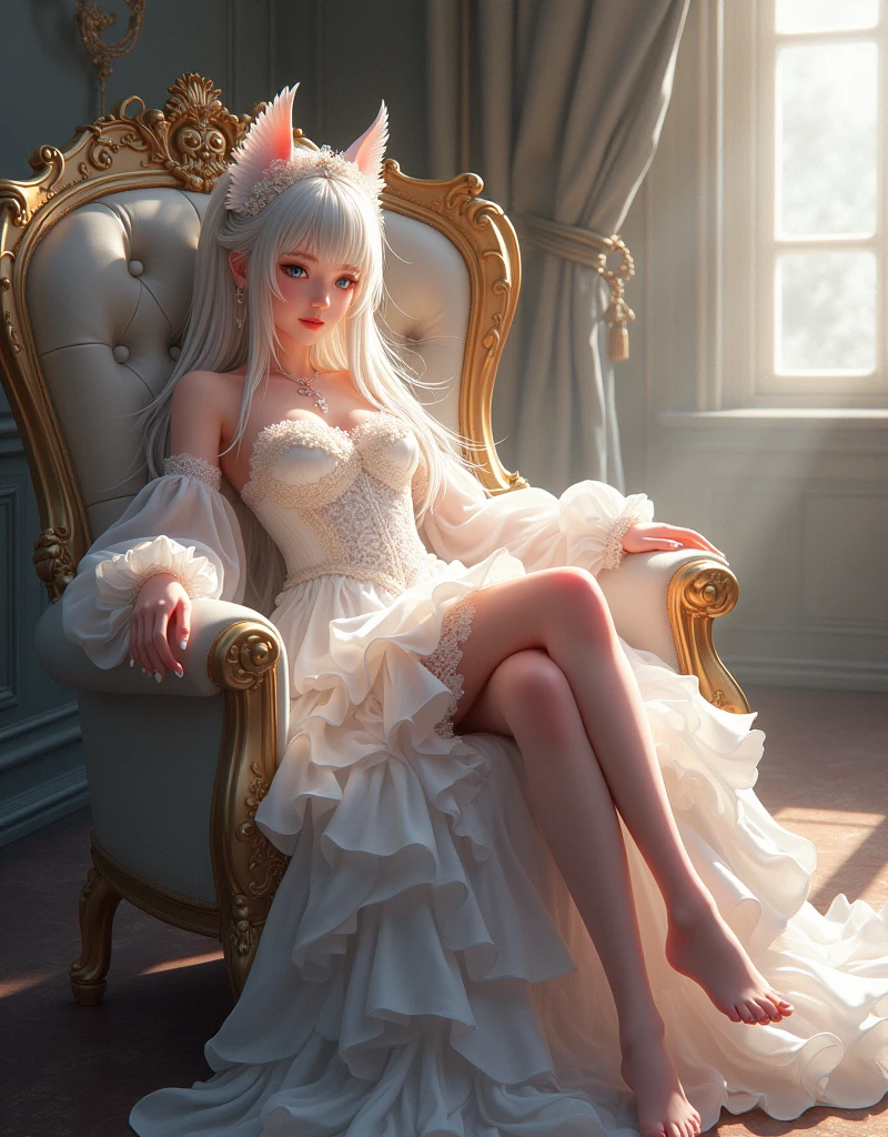graphic CG digital anime-style art, (anime girl).,(Oil painting of), a beautiful fallen angel reclining in a luxurious and gorgeous chair, her beautiful white feet, her toenails decorated with jeweled nail polish by her servant, wearing (luxurious and gorgeous, beautiful and wonderful white angel outfit with lace frills, long ruffle mini skirt, Gothic, Romanesque, Baroque, Renaissance, Rococo, Art Nouveau, Northern Renaissance style), shading effects, gradation magic effects, foggy filter effects, glitter effects, 2.5D, delicate and dynamic