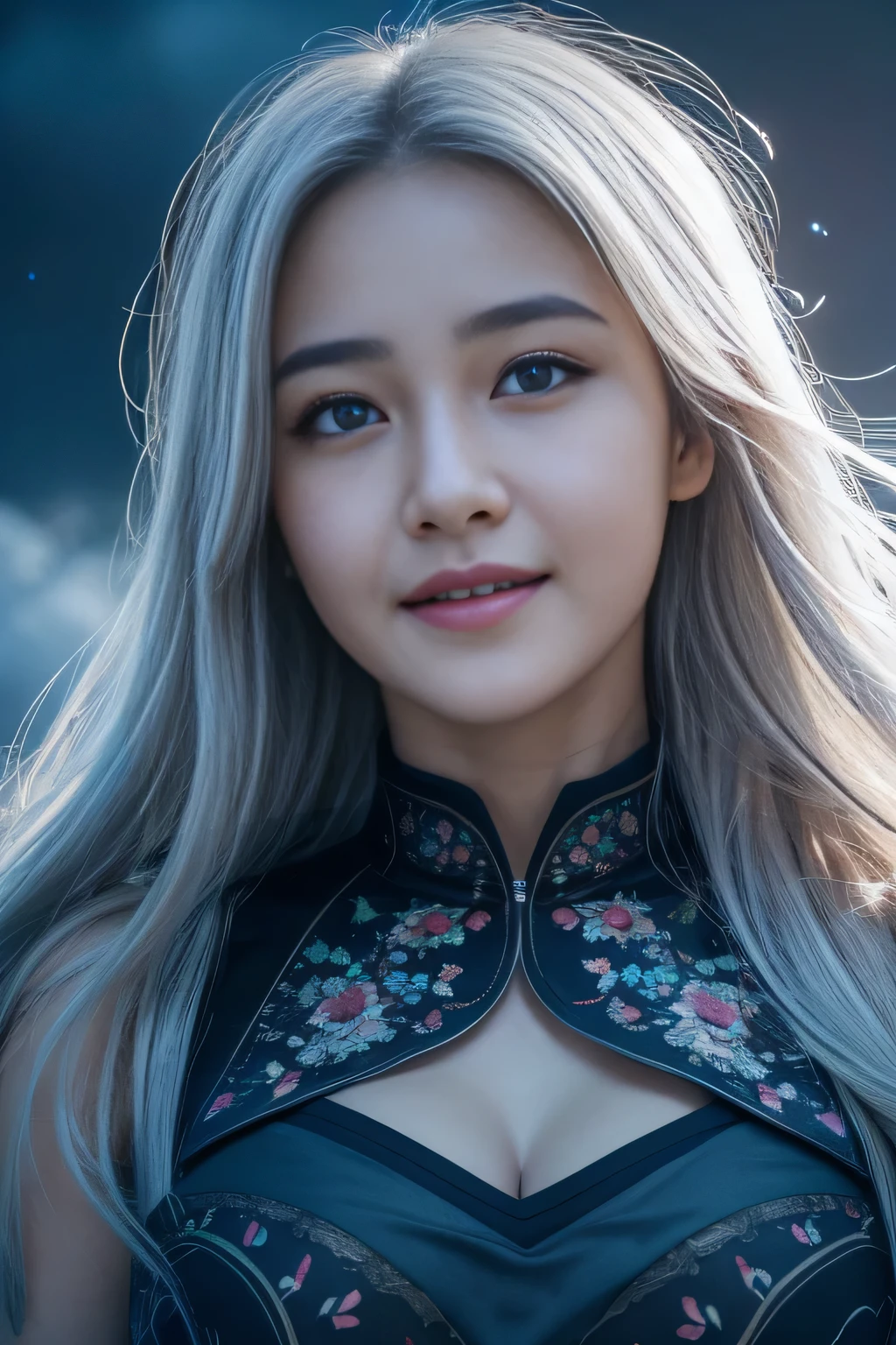 masterpiece, best quality,, 1girl, (colorful),(finely detailed beautiful eyes and detailed face),cinematic lighting,bust shot,extremely detailed CG unity 8k wallpaper,white hair,solo,smile,intricate skirt,((flying petal)),(Flowery meadow), sky, cloudy_sky, building, moonlight, moon, night, (dark theme:1.3), light, fantasy,