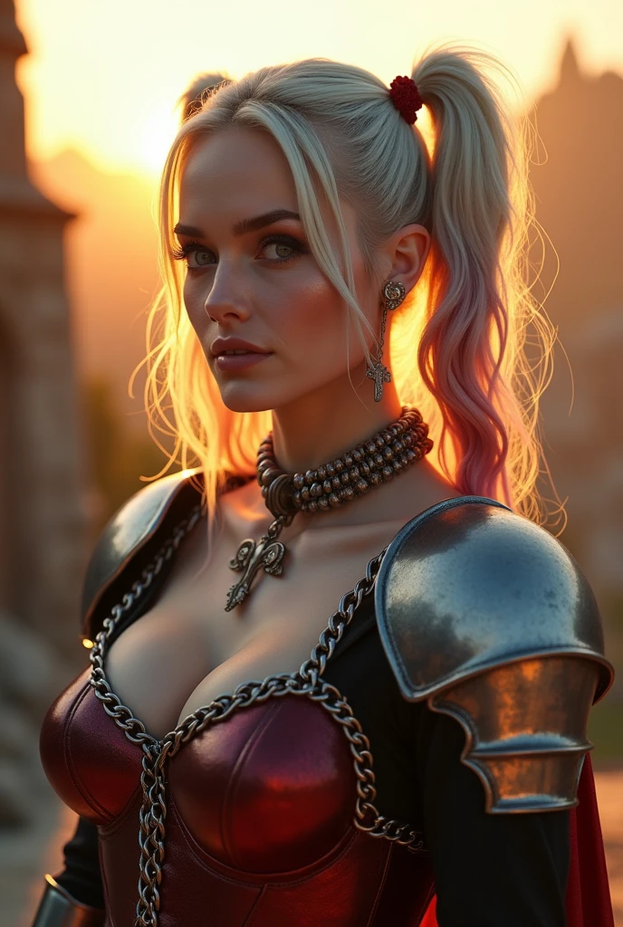 A detailed realistic L-SHOT of masterpiece), (extremely intricate), {perfect face} (realistic), portrait of Harley Quinn, the most beautiful in the world, (medieval armor), metal reflections, upper body, outdoors, intense sunlight, far away castle, professional photograph of a stunning woman detailed, sharp focus, dramatic, award winning, cinematic lighting, , volumetrics dtx, (film grain, blurry background, blurry foreground, bokeh, depth of field, sunrise, interaction, Perfect chainmail)  
