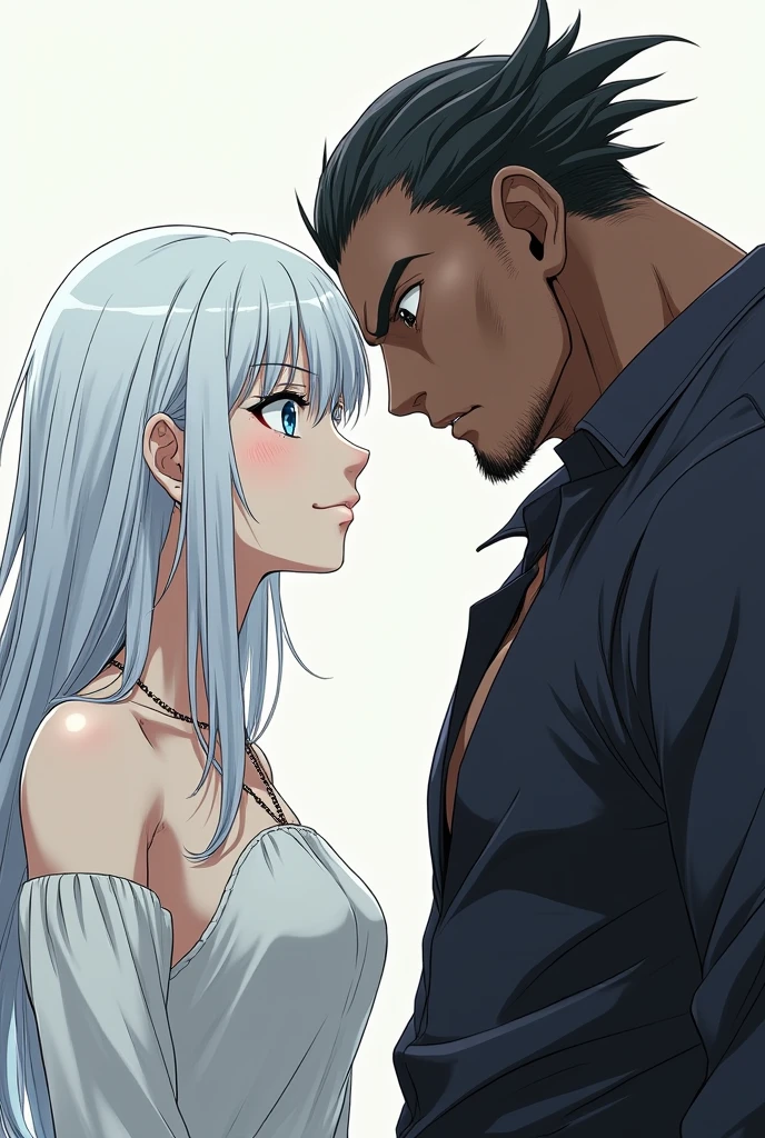 albino anime girl, white hair white skin and blue eyes, A tall, muscular, dark-skinned guy who looks serious, Both anime style, both looking forward 