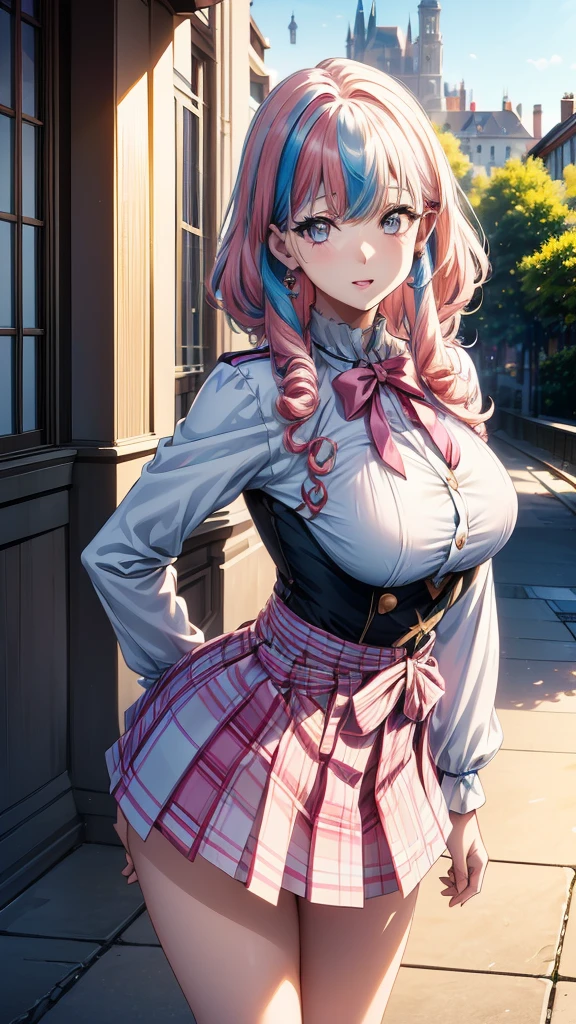 ((Best quality, masterpiece, best quality, ultra high definition, high resolution, HDR, Unity 8K wallpaper, high resolution CG, beautiful details, depth, delicacy, ultra high definition, vivid)), 1 girl. Anime style. (Beautifully detailed eyes, beautifully detailed lips, highly detailed eyes and face, long eyelashes), ((Intricate and very revealing gal-style uniform. Cute girl in uniform with ribbon, detailed uniform, accessories, mini skirt. Laughing out loud, attractive girl, erotic cute, adorable girl, multi-colored hair, relaxing socks, perfect beauty) (Masterpiece, best quality, best quality, watercolor (curly hair), official art, beautiful and aesthetic: 1.2), (Fractal art: 1.3), upper body, striped hair, (rainbow hair, colorful hair, half white and half pink hair: 1.2), ((Please change the hairstyle)), 4 fingers, thumb joint, detailed panchira ((sticking out her butt to the cameraman. Please change the pose))