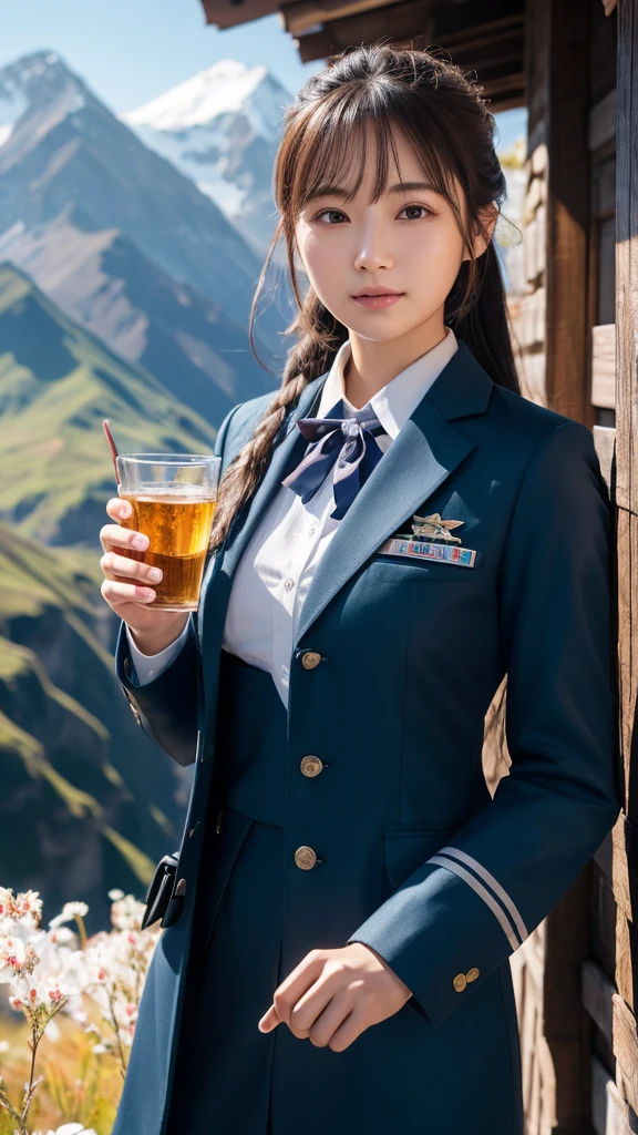 Super detailed, High resolution, Super detaileded, highest quality, wonderful, highest quality,Integrated 8K wallpaper, cinematic lighting, stewardess、20-year-old、Japanese、in mountain