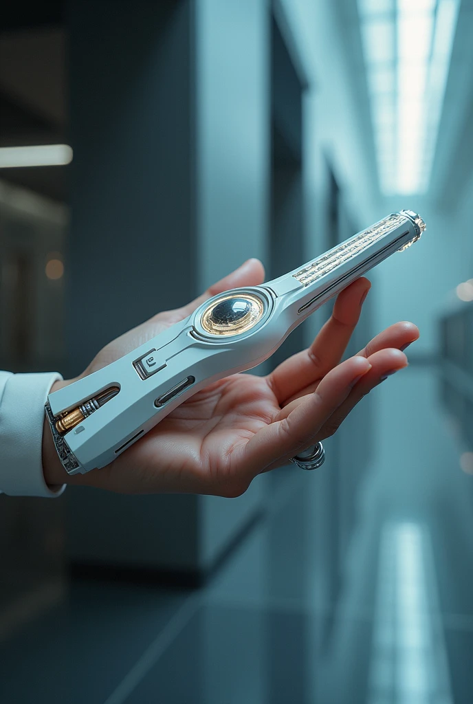 Futuristic tool held in one hand