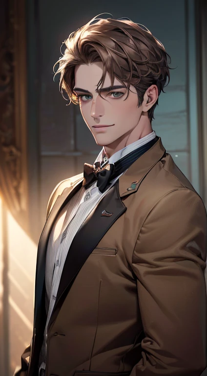 (best quality,4k,8k,highres,masterpiece:1.2),ultra-detailed,(realistic,photorealistic,photo-realistic:1.37),cinematic lighting,1:4 hdr image,a mature man, 29 years old,very handsome,cold expression smile in love, short grey brown hair, green eyes,flawless face,buttoning his jacket,CEO