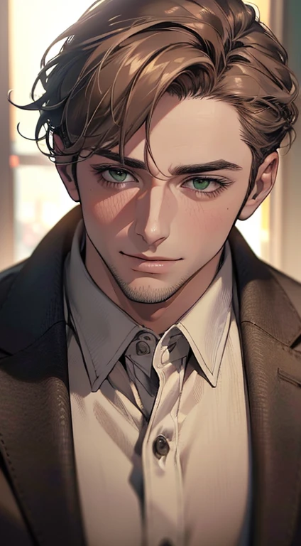 (best quality,4k,8k,highres,masterpiece:1.2),ultra-detailed,(realistic,photorealistic,photo-realistic:1.37),cinematic lighting,1:4 hdr image,a mature man, 29 years old,very handsome,cold expression smile in love, short grey brown hair, green eyes,flawless face,buttoning his jacket,CEO