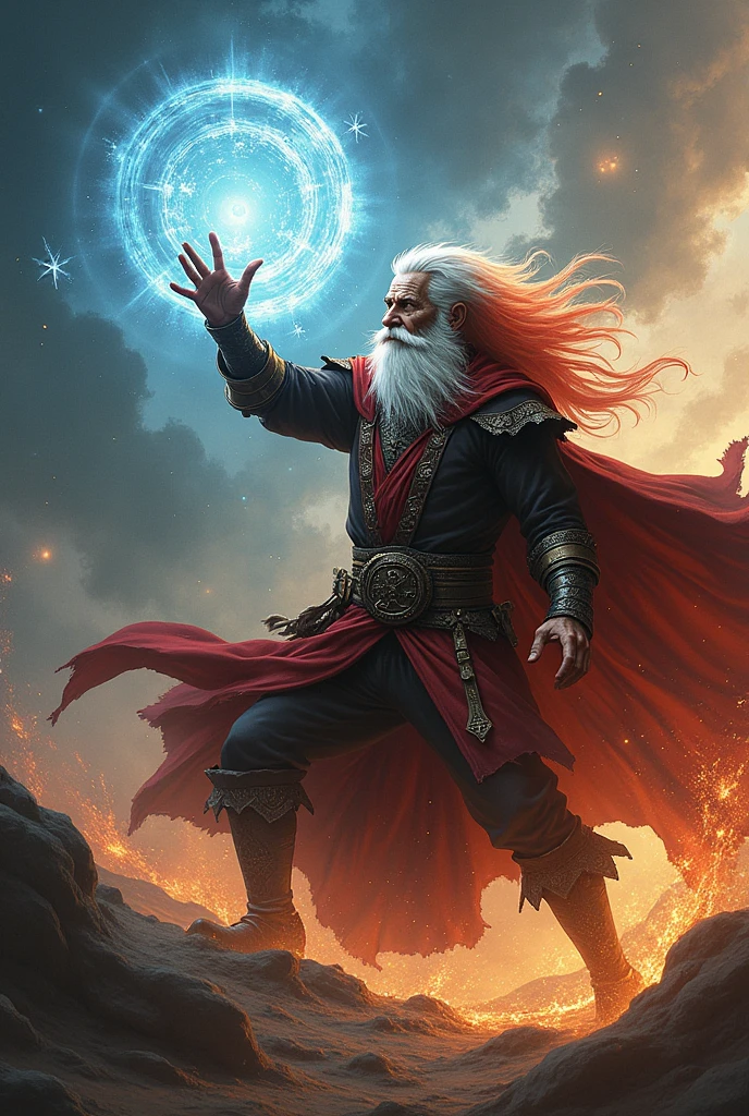 Make a tall old man with white and red hair ,In white medieval clothing, fighting against a tall, thin man , He has a power, a cosmic power