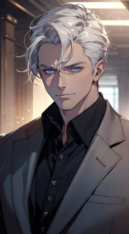 (best quality, masterpiece, 8K, photorealistic, cinematic lighting, 1:4 hdr image, ultra detailed, beautiful image), a mature man, 34 years very handsome, ((cold expression)), short white hair, blue eyes, face perfect without mistakes, ((buttoning his jacket, CEO)), smile.
