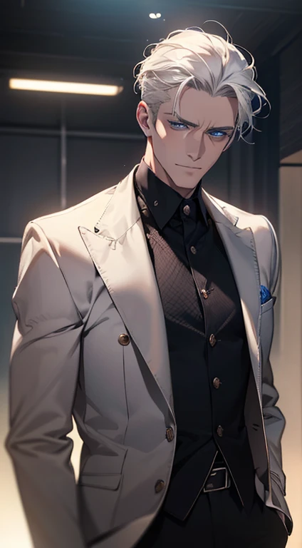 (best quality, masterpiece, 8K, photorealistic, cinematic lighting, 1:4 hdr image, ultra detailed, beautiful image), a mature man, 34 years very handsome, ((cold expression)), short white hair, blue eyes, face perfect without mistakes, ((buttoning his jacket, CEO)), smile.