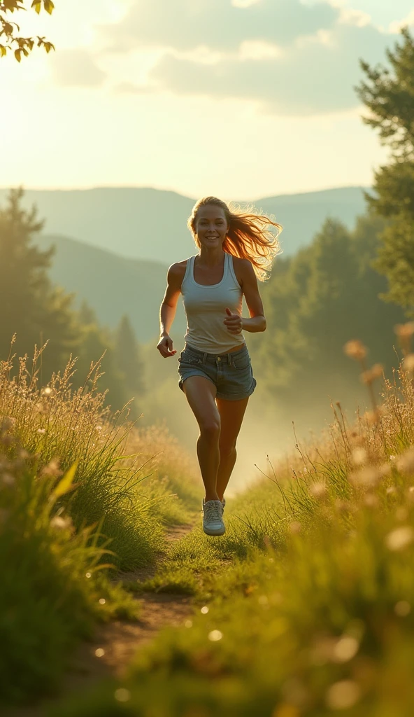 blonde young woman, in the morning is running, fujifim cinematic