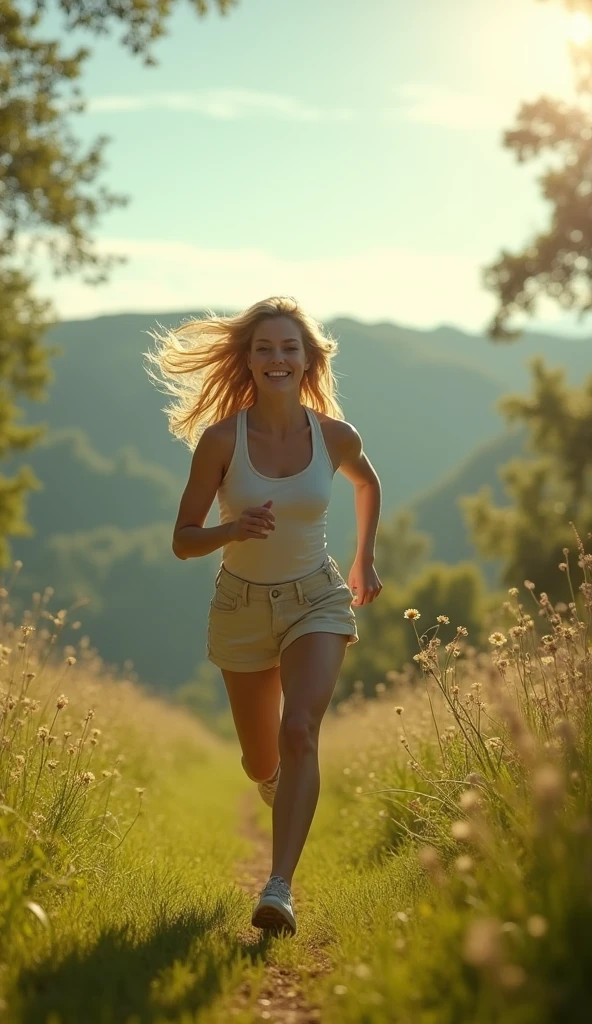 blonde young woman, in the morning is running, fujifim cinematic
