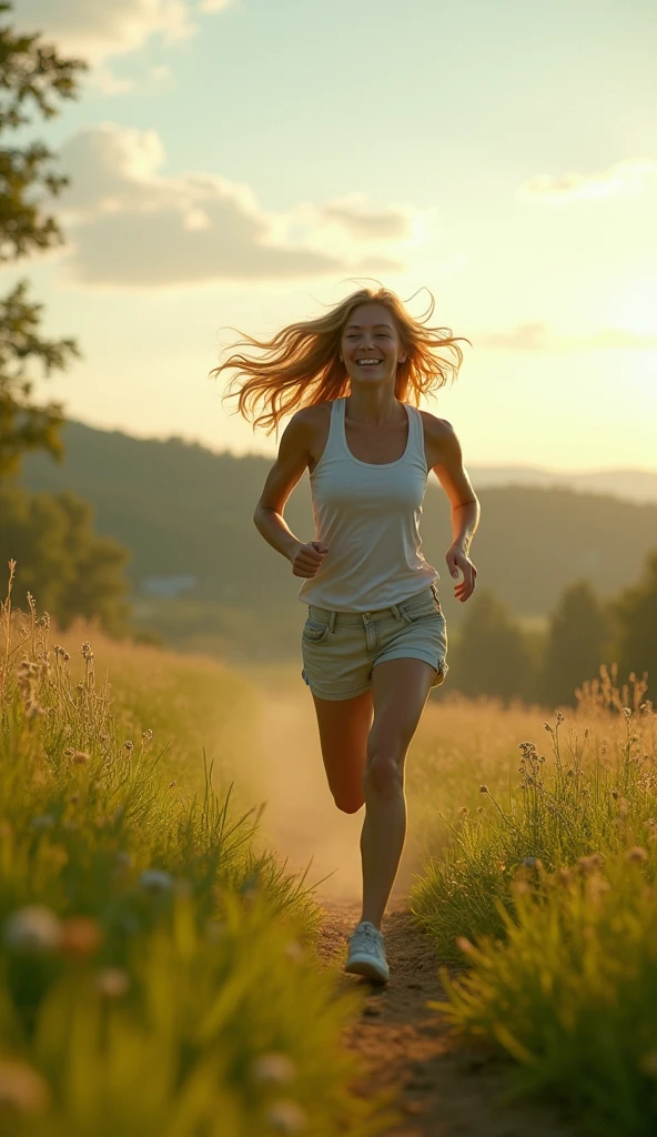 blonde young woman, in the morning is running, fujifim cinematic
