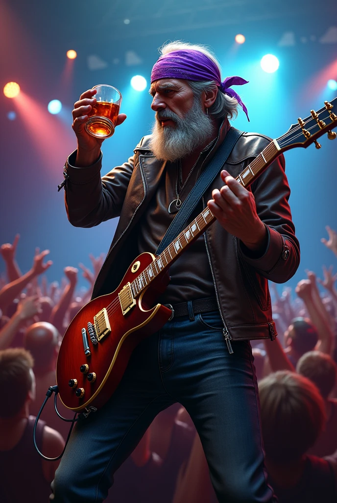 a man who smokes cigarettes and is at a concert playing rock with a guitar and is wearing a purple bandana while drinking whiskey