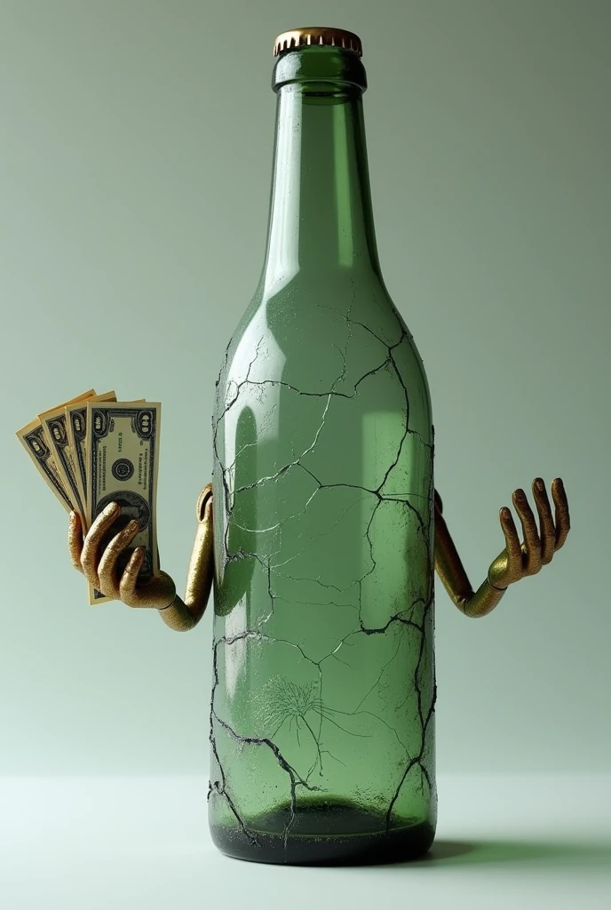 imagine a bottle have hands and have some cracks on bottle and he is donating money with hands