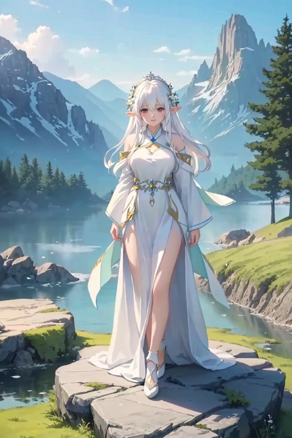 a woman in a white dress standing on a rock near a lake, Anime goddess, white haired deity, cute anime waifu in a beautiful dress, flowing magic cloak, beautiful maiden, flowing robes, flowing white robes, seductive elf princess knight, fairy queen of the summer forest, Guweiz, goddess of nature, artwork in the style of guweiz