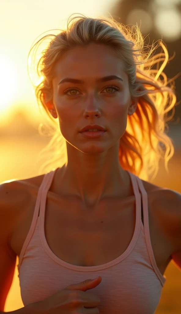 blonde young woman, in the morning is running, fujifim cinematic, beautiful detailed eyes, beautiful detailed lips, extremely detailed face, long eyelashes, running pose, morning sunlight, cinematic lighting, warm color tones, high resolution, 8k, best quality, intricate details, photorealistic, highly detailed, masterpiece