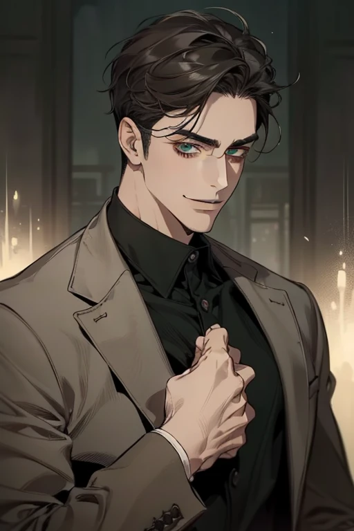 masterpiece, best quality, realistic, 1man, mature male, quiet and charming mature man, 34 years old, smirk and look on the side, closed mouth, portrait, extremely detailed face, smirk, (dark green eyes), (short-side-swept sandy grey black hair)), [thick eyebrows], (detective clothing)