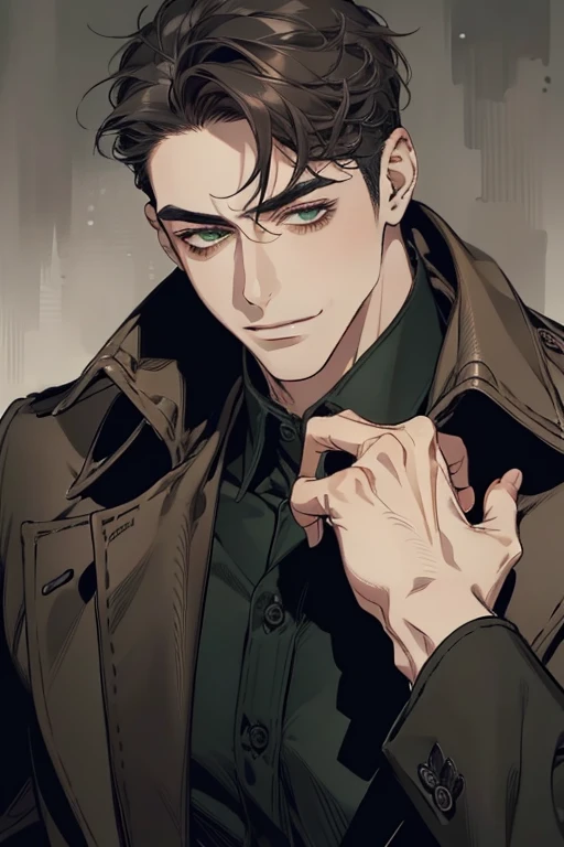 masterpiece, best quality, realistic, 1man, mature male, quiet and charming mature man, 34 years old, smirk and look on the side, closed mouth, portrait, extremely detailed face, smirk, (dark green eyes), (short-side-swept sandy grey black hair)), [thick eyebrows], (detective clothing)