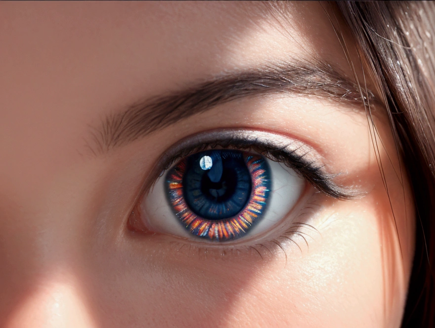 "A hyper-realistic keychain featuring an eye drawing, bright colors, shimmering effect, taken with a DSLR camera, 50mm lens, soft focus."