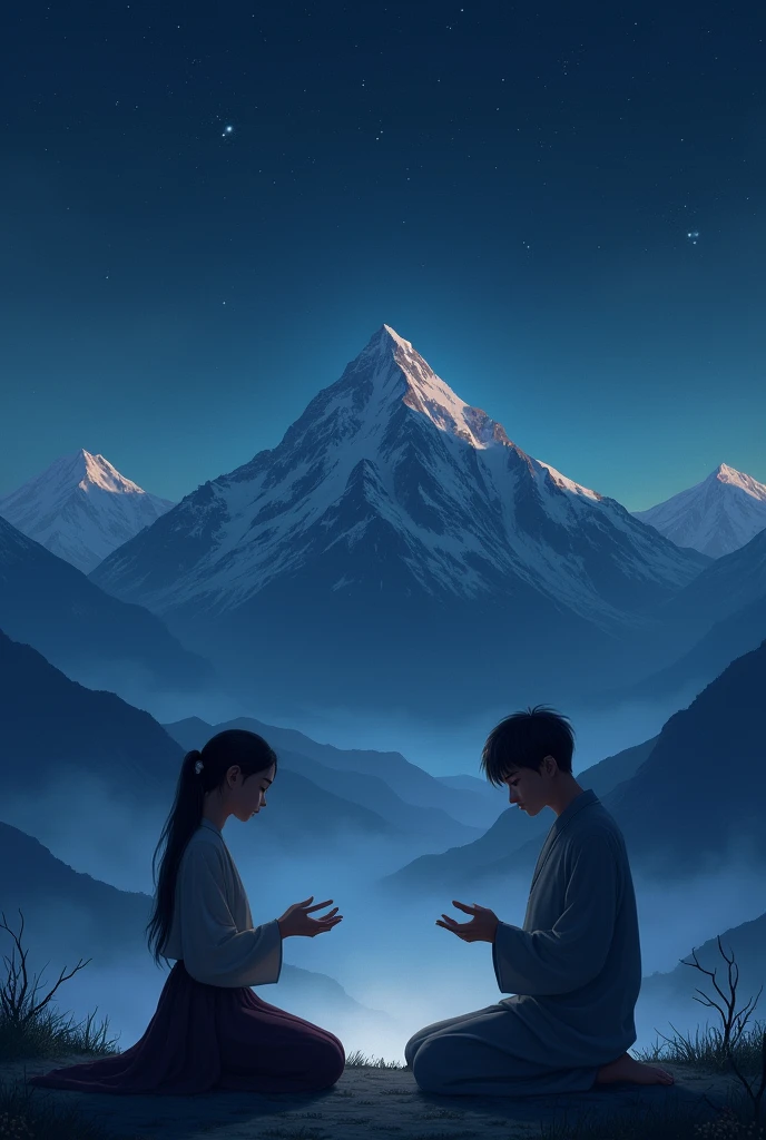 mountain landscape, at night, starry, officer, a young man and a young lady praying on their knees with their backs to each other