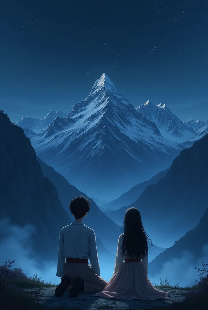 mountain landscape, at night, starry, officer, a young man and a young lady praying on their knees with their backs to each other