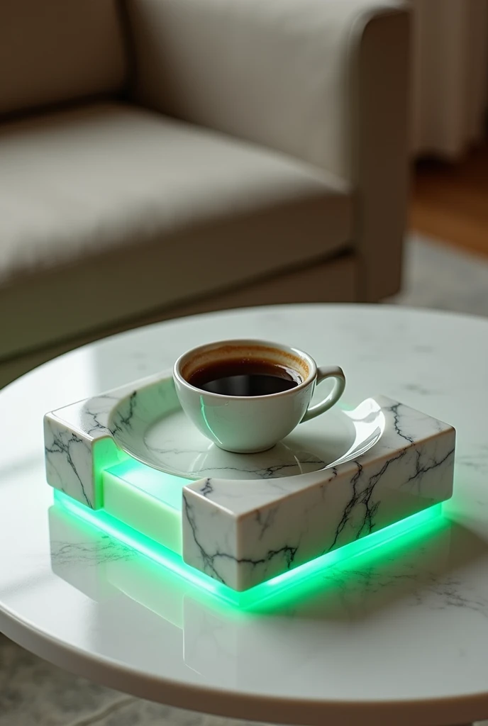 A small square ashtray for coffee, handmade, features a mirror marble surface with a two-way visual effect with an amazing inside that looks illuminated from the inside with warm green LED lighting. The sides are covered with marble, imitating the appearance of marble with a three-dimensional texture. A simple decorated ashtray . The table is placed on a light-colored salon table. The table design combines simplicity and elegance with a touch of modernity, making it a distinctive piece of art in any room or living room.