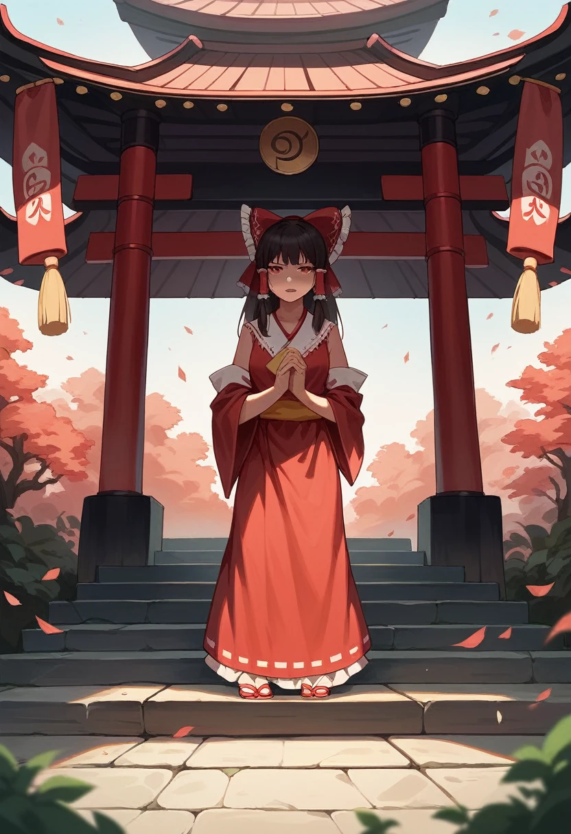 Reimu_Hakurei, Red Dress, Miko, Shrine Background, 1girl, masterpiece, best quality, highly detailed