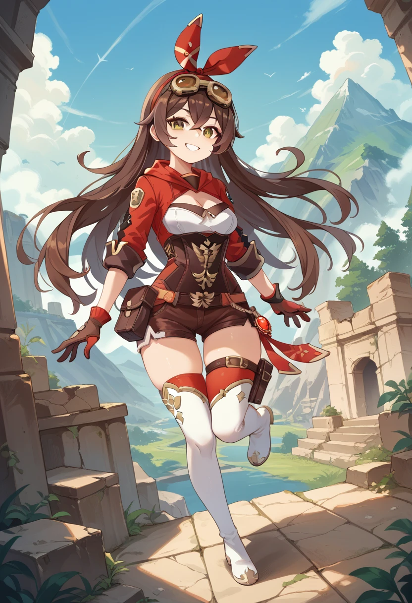 masterpiece, best quality, soft lighting, absurdres, looking at viewer, solo, smile, goggles on head, amber \(genshin impact\), brown eyes, brown hair, long hair, red hair ribbon, brown short shorts, leather gloves, pouch, thighhighs, white boots, medium breasts, cleavage cutout, shrug \(clothing\) full body,standing on one leg, overgrown ruins, mountains