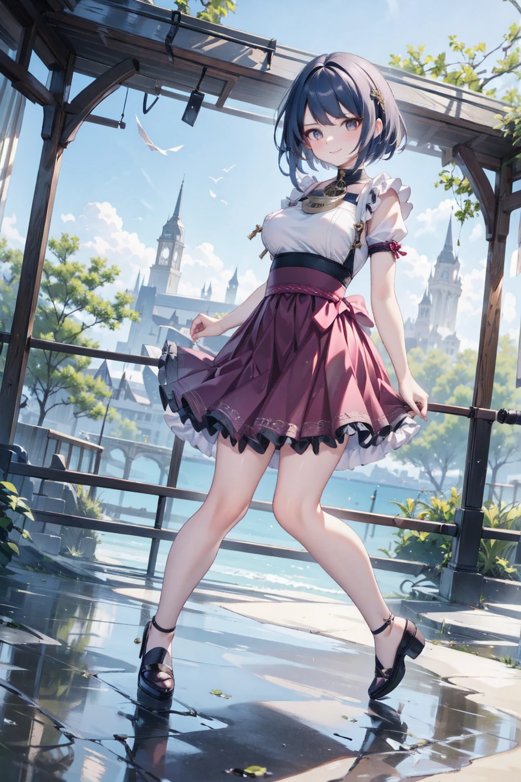 low-angle shot, smile, look at viewer, long skirt, holding down her skirt as it is being blown by a strong wind, high quality, masterpiece, ultra-fine illustrations, detailed background, realistic lighting, dynamic pose
