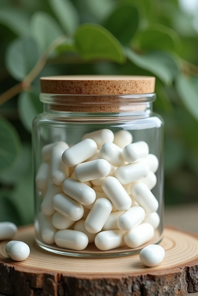 Photos of white capsules inside a glass jar with a wooden lid in four angles
background nature vibe