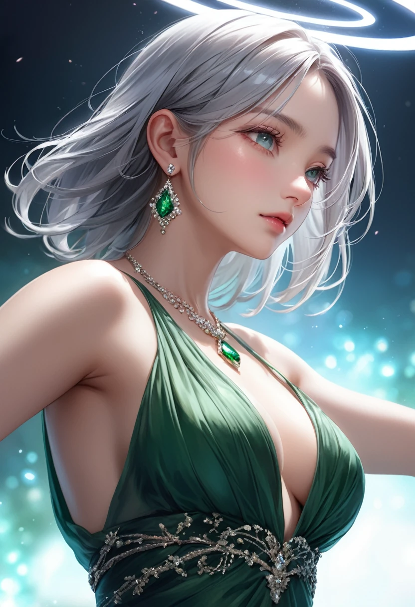 (masterpiece), (best quality closeup to hips), ultra realism, 1female, 30 year mature woman, Green, Platinum Earrings, Platinum Necklace, Green Dress, Delicate Facial Features, Detailed Eyes, closeup to hips, moderate breast, detailed beautiful eyes, detailed gorgeous face, blushing, dynamic pose, intricate details, Depth of Field, Background Blur, Clear Focus, (Ultra Detailed, Halo, Glow: 1.4), Many Small Gems,