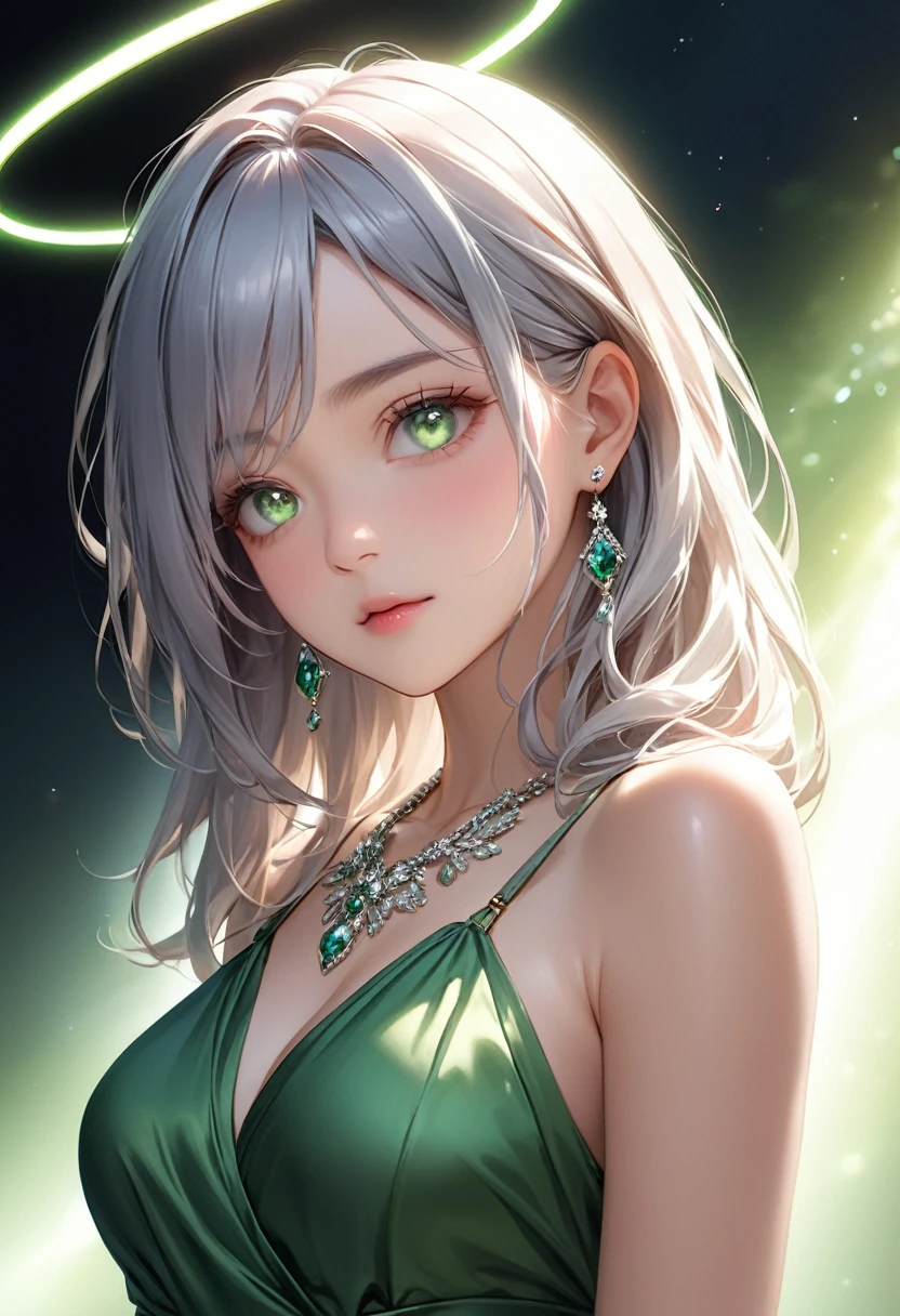 (masterpiece), (best quality closeup to hips), ultra realism, 1female, 30 year mature woman, Green, Platinum Earrings, Platinum Necklace, Green Dress, Delicate Facial Features, Detailed Eyes, closeup to hips, moderate breast, detailed beautiful eyes, detailed gorgeous face, blushing, dynamic pose, intricate details, Depth of Field, Background Blur, Clear Focus, (Ultra Detailed, Halo, Glow: 1.4), Many Small Gems,