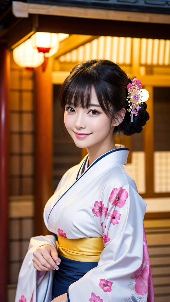 (Super beautiful woman in kimono)、((highest quality、8K masterpiece:1.3))、sharp focus:1.2、(super beautiful face:1.0)、(shiny skin:1.0)、realistic pictures、black hair、video lighting、High resolution eyes and face、video lighting、japanese actress、from the front、with a happy smile、whole body、wearing a kimono、in Kyoto、(luxury obi)、with a fan、Fireworks Display