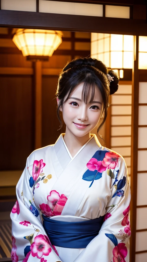 (Super beautiful woman in kimono)、((highest quality、8K masterpiece:1.3))、sharp focus:1.2、(super beautiful face:1.0)、(shiny skin:1.0)、realistic pictures、black hair、video lighting、High resolution eyes and face、video lighting、japanese actress、from the front、with a happy smile、whole body、wearing a kimono、in Kyoto、(luxury obi)、with a fan、Fireworks Display