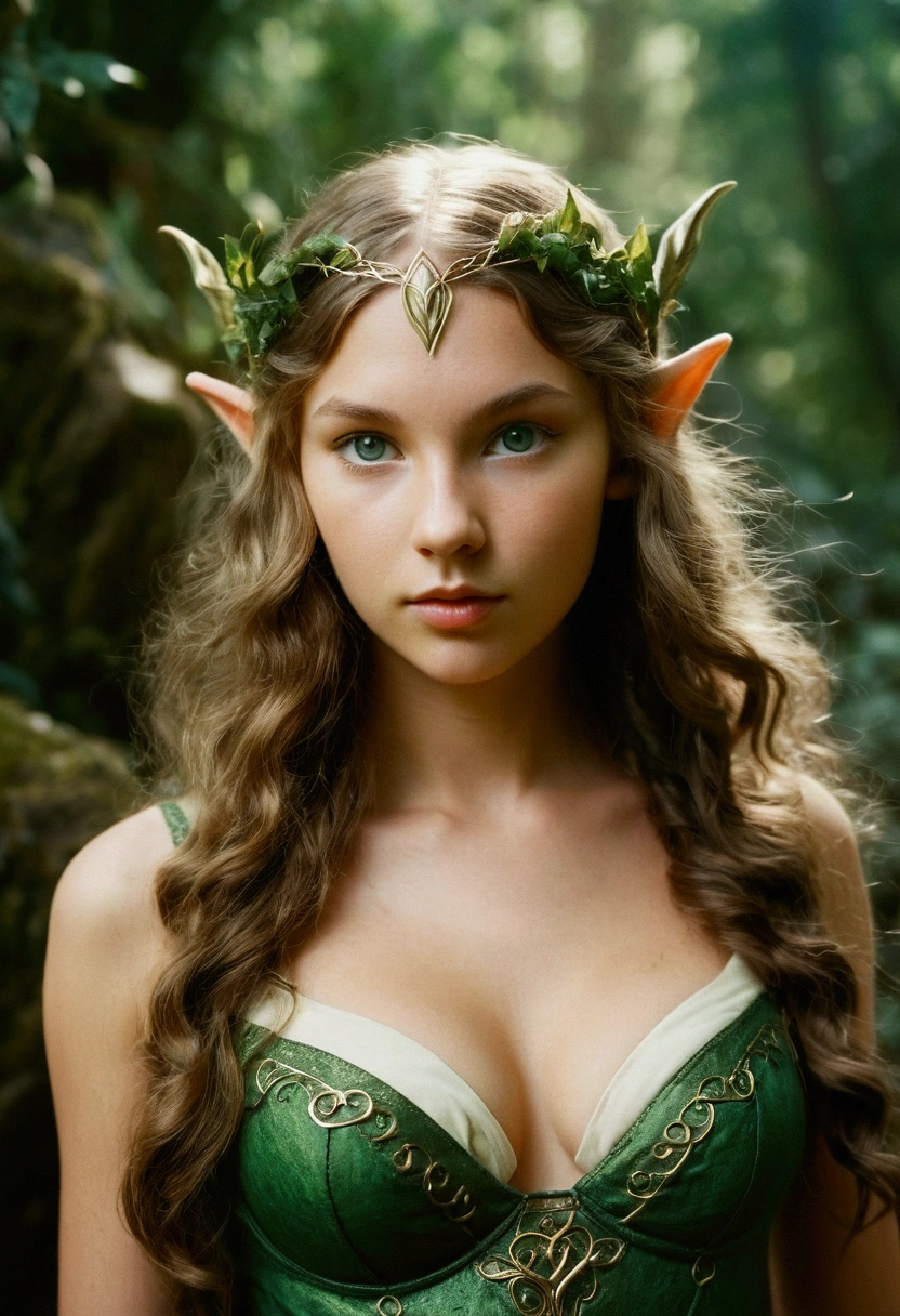 analog film photo, photo of a young elven girl, 18 years old, elf ears, jade eyes, dark, long messy waves, sun-tanned complexion, olive skintone, Amazonian stature, voluptuous hourglass figure, busty bosom, narrow waist, full hips, big plump buttocks, wearing elven lingerie, resembles Taylorr Swift, strolling through a fantasy landscape, RAW Photograph, dslr, soft lighting, high quality, film grain, Fujifilm XT3, detailed skin with visible pores, insane details, masterpiece, 8k, 35mm photograph, dslr, kodachrome, faded film, desaturated, grainy, vintage, Lomography, stained, highly detailed, found footage, close-up shot, elven ears
