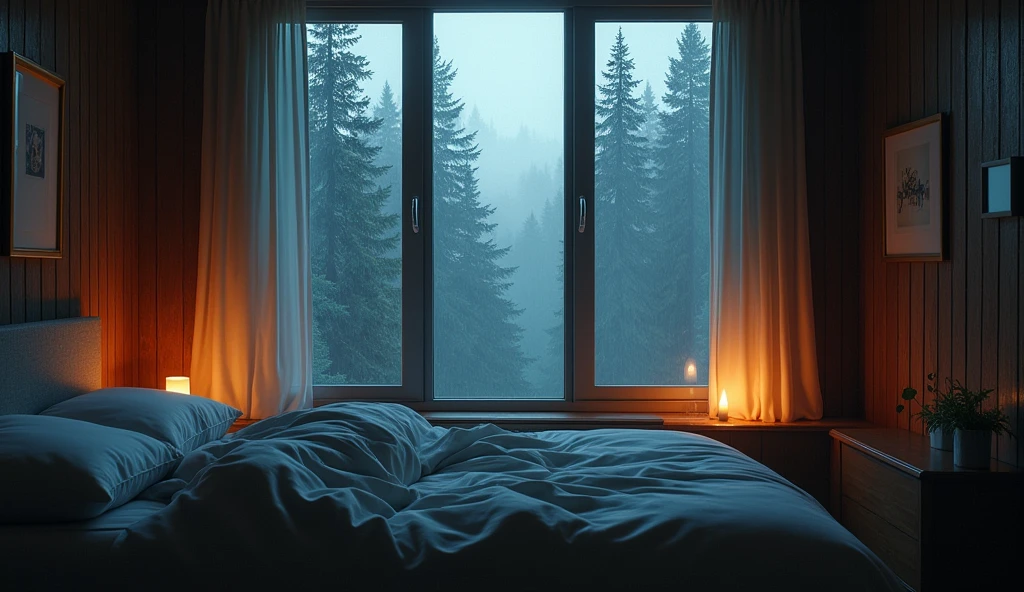 (masterpiece, bestquality),Bedroom with Pine Forest View,Outside the window,It's raining,Fog,candle lit,warm,
