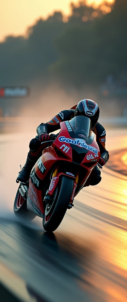 High-speed motorcycle racing in action: a sleek, wet-track scene captures the precision and skill of a competitor as they navigate the curves, their helmet and suit emblazoned with sponsor logos. Early morning or late evening sunlight casts dramatic shadows on the track, emphasizing the rider's focus and the bike's speed. The blurred background intensifies the moment, immersing the viewer in the thrill of the race.
