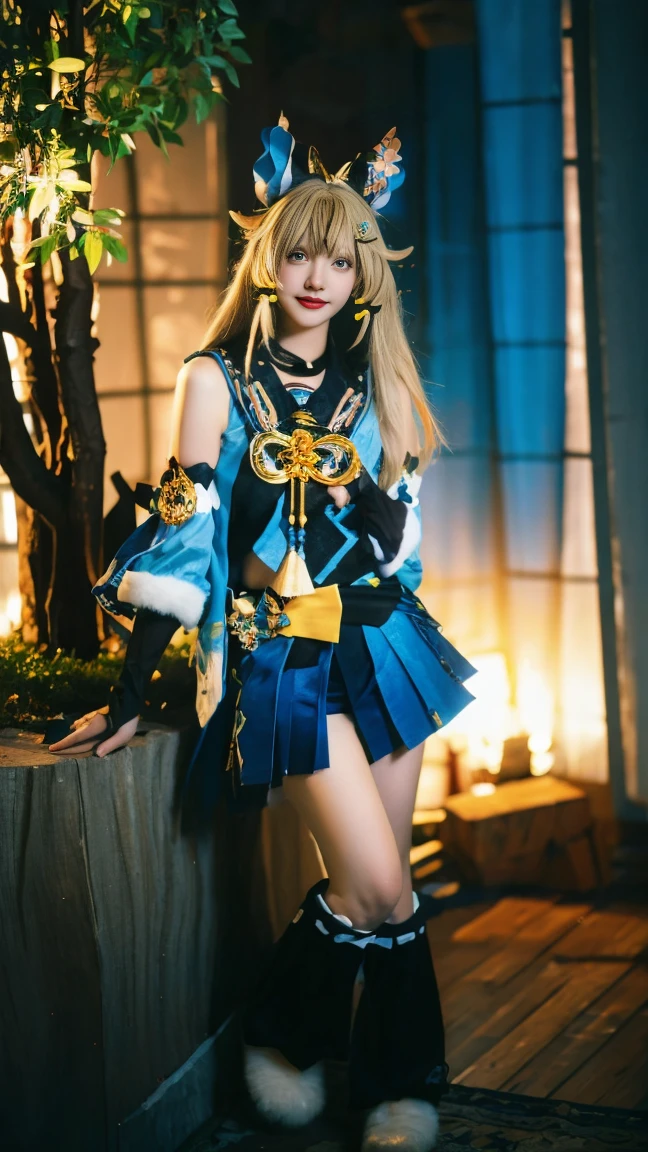 (best quality:1.3), tmasterpiece, Ultra-high resolution, Clear face, (Reality: 1.4), perfect lighting,(photorealistic: 1.50), anime wallpaper, Guviz style artwork , fantasy cover up to magic , by Yang J, Guviz, beautiful artwork illustration, beautiful digital artwork, beautiful digital illustration, Li Song, beautiful anime portrait, art style at Beauvot,illustration, ethereal and beautiful, highly detailed, CG, unity, 8k wallpaper, Amazing, fine detail, official art, highly detailed CG unity 8k wallpaper,absurd, extremely absurd, large file size, highly detailed , high resolution, very detailed,beautiful girl with details, very detailed eyes and face, beautiful detailed eyes,light on the face,cinematic lighting, 1girl, solo, standing, upper body, (looking at viewer:1.2), closed mouth, smile, kirara cosplay costume, kirara, cosplay, blonde hair, long hair, hair ornament, sailor collar, crop top, detached sleeves, skirt, cat ears, cat tail, animal ears, leg warmers, fur-trimmed shoes,