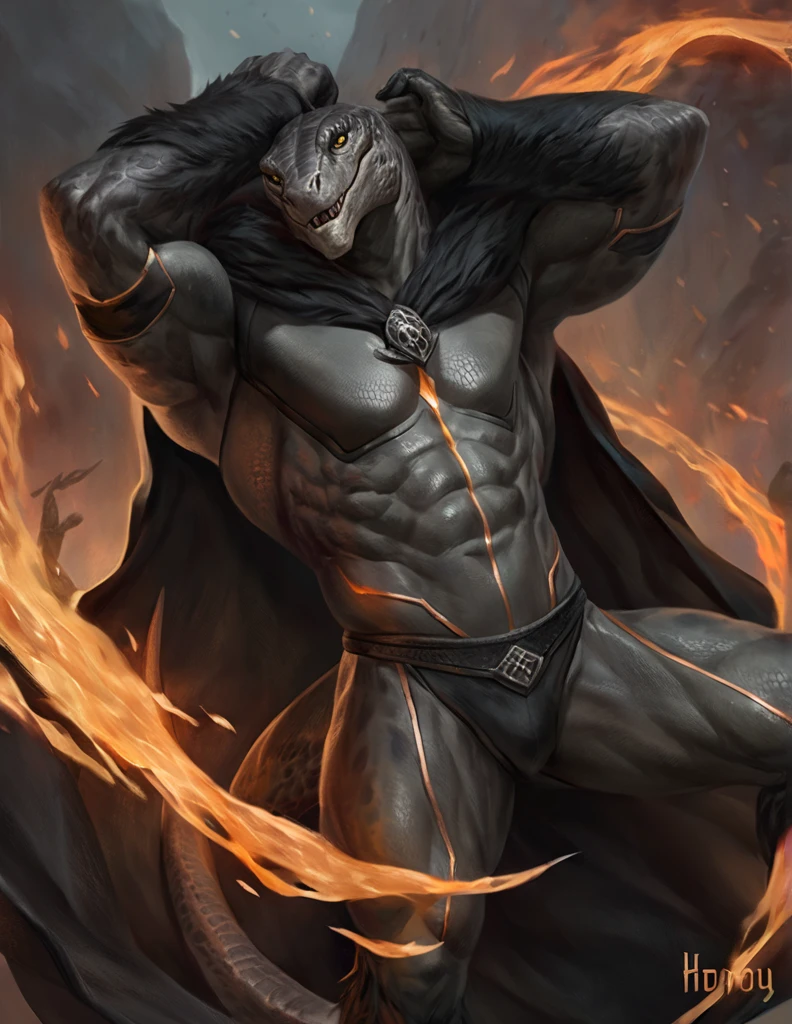 a ferocious male lizardfolk druid, muscular detailed body, gray color body, yellow eyes, masculine pose, open pectorals, magic bodysuit, green and black long cloak, comicbook style, best quality, 4k, ultra-detailed, realistic, by laobai, by taran fiddler, by honovy