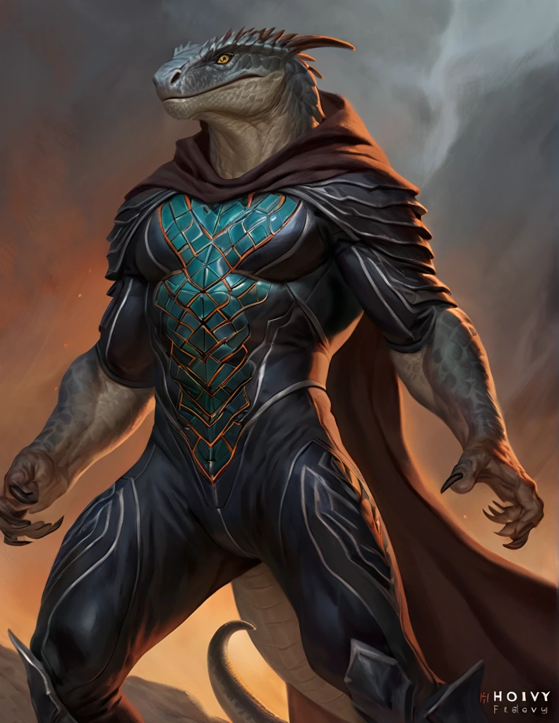 a ferocious male lizardfolk druid, muscular detailed body, gray color body, yellow eyes, masculine pose, tall topless, magic bodysuit, green and black long cloak, comicbook style, best quality, 4k, ultra-detailed, realistic, by laobai, by taran fiddler, by honovy