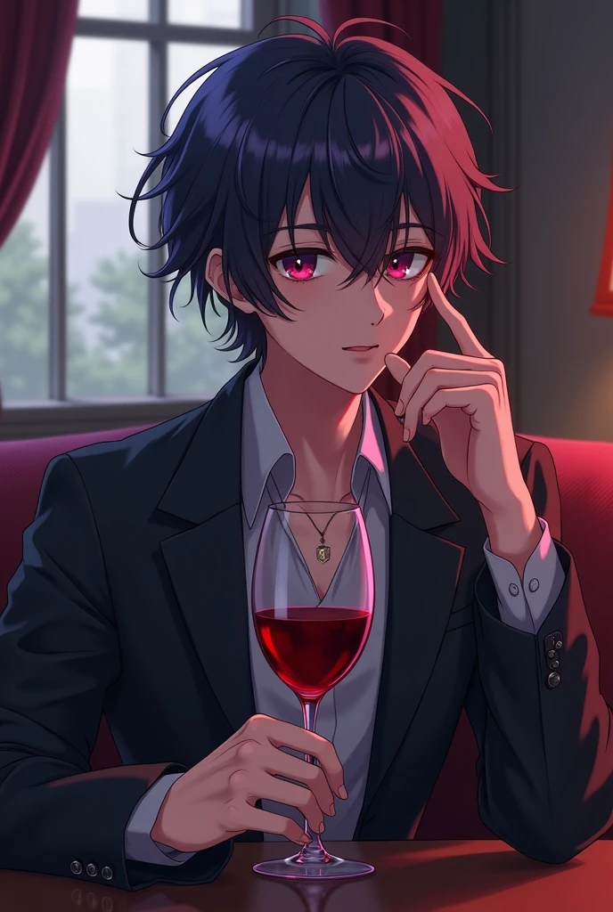 Pose an anime-style young man holding a glass of red wine.