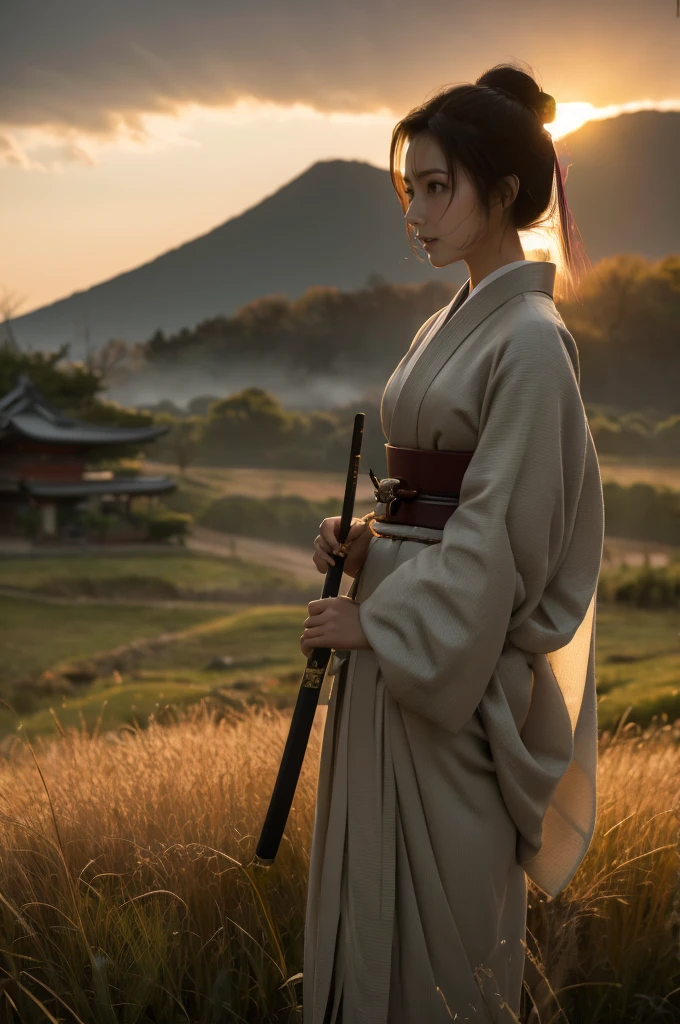 A female samurai walks through a field of tall, swaying grass during Japan's Sengoku period. The scene is bathed in soft, ethereal light, with the warm hues of a setting sun blending with the cool, muted tones of a cloudy sky. Her robes are dark, consisting of an outer black kimono with wide sleeves and a deep maroon inner kimono, which both flow gracefully in the wind. Her hair is tied back in a traditional samurai style, with loose strands framing her focused and contemplative face. She holds a katana in her hand, the blade slightly raised as if she is preparing for or just finishing a battle. The field around her feels alive, with dynamic brushstrokes that create a sense of movement in the grass and leaves blowing in the wind. The distant mountains and castle, barely visible through the misty horizon, evoke a sense of mystery and history. The atmosphere is both serene and tense, capturing the balance between calm reflection and the imminent threat of conflict. The color palette is a mix of soft pastels and deep earth tones, with dramatic light and shadow adding depth to the scene."

Additional Parameters:

Style: Painterly, with dynamic brushstrokes
Lighting: Soft, glowing sunset with light pastel hues, warm highlights blending into cool shadows
Colors: Muted earthy tones for the attire, warm orange and yellow hues for the sunset, soft pink and gray tones in the sky, subtle greens and browns for the grass
Composition: Samurai woman centered, walking through tall grass with mountains and a distant castle barely visible in the background
Environment: Sengoku period in Japan, sunset over a misty, windy field, dynamic and contemplative atmosphere