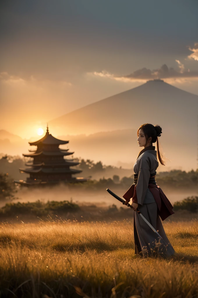 A female samurai walks through a field of tall, swaying grass during Japan's Sengoku period. The scene is bathed in soft, ethereal light, with the warm hues of a setting sun blending with the cool, muted tones of a cloudy sky. Her robes are dark, consisting of an outer black kimono with wide sleeves and a deep maroon inner kimono, which both flow gracefully in the wind. Her hair is tied back in a traditional samurai style, with loose strands framing her focused and contemplative face. She holds a katana in her hand, the blade slightly raised as if she is preparing for or just finishing a battle. The field around her feels alive, with dynamic brushstrokes that create a sense of movement in the grass and leaves blowing in the wind. The distant mountains and castle, barely visible through the misty horizon, evoke a sense of mystery and history. The atmosphere is both serene and tense, capturing the balance between calm reflection and the imminent threat of conflict. The color palette is a mix of soft pastels and deep earth tones, with dramatic light and shadow adding depth to the scene."

Additional Parameters:

Style: Painterly, with dynamic brushstrokes
Lighting: Soft, glowing sunset with light pastel hues, warm highlights blending into cool shadows
Colors: Muted earthy tones for the attire, warm orange and yellow hues for the sunset, soft pink and gray tones in the sky, subtle greens and browns for the grass
Composition: Samurai woman centered, walking through tall grass with mountains and a distant castle barely visible in the background
Environment: Sengoku period in Japan, sunset over a misty, windy field, dynamic and contemplative atmosphere