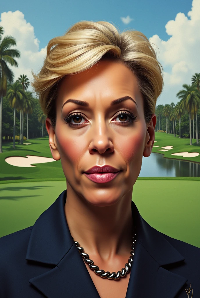 kamala harris face, donald trumps hairstyle, short mens hair, on a gold course

