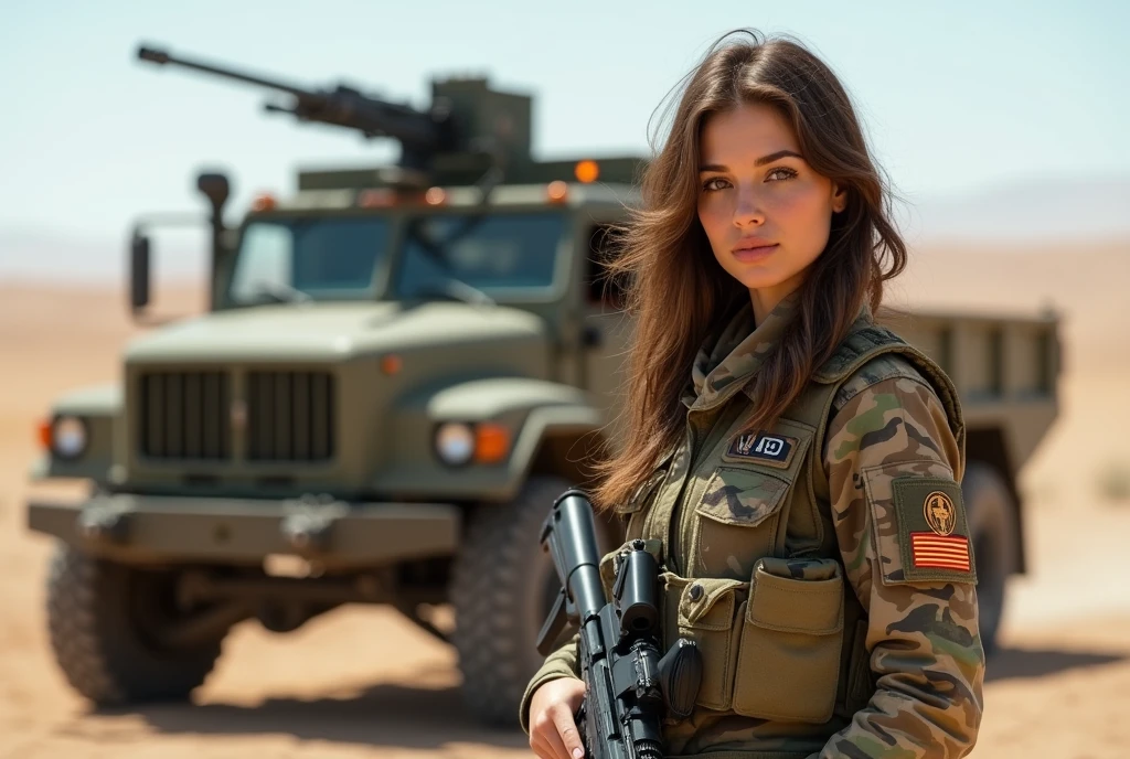Alafed truck with gun on back, Afghan fighters, French special forces, heavily armed, Taliban, Kurdish soldiers, heavily armored, military vehicle, military weapons, military equipment, truck, camouflage, special forces security, modern military equipment, carrying rifle, gun mounted on shoulder, gun posing in front of truck A female soldier, ((masterpiece, highest quality, Highest image quality, High resolution, photorealistic, Raw photo, 8K)), ((Extremely detailed CG unified 8k wallpaper)), (huge stunning goddess shot, very hot and sexy, jaw-dropping beauty, perfect proportions, beautiful body, slim body beauty:1.4),