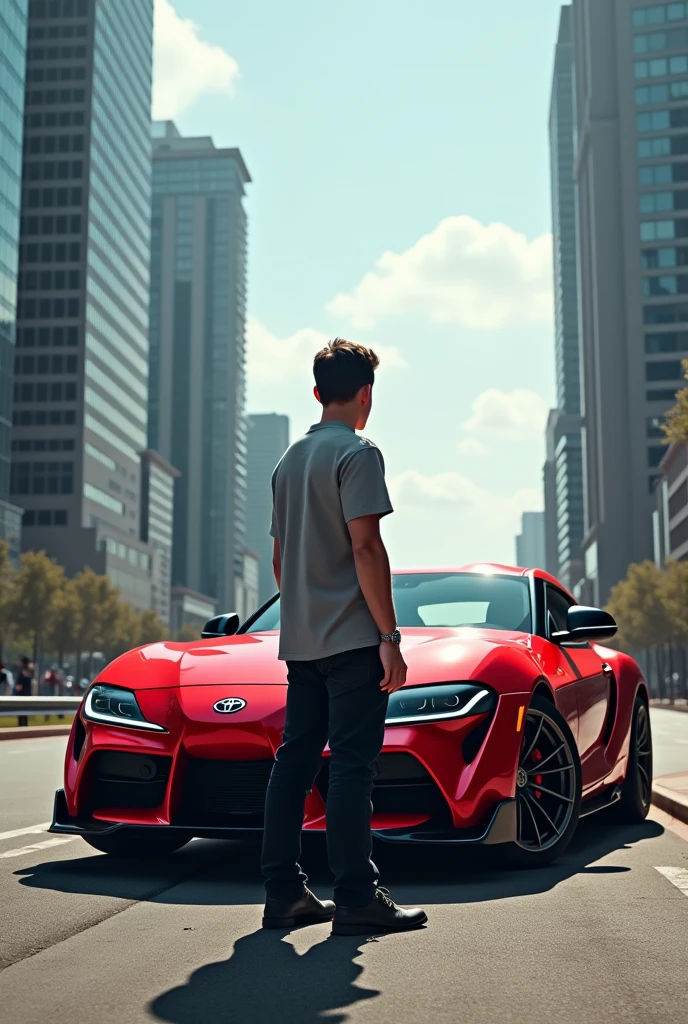 One man standing in front of supra mk5