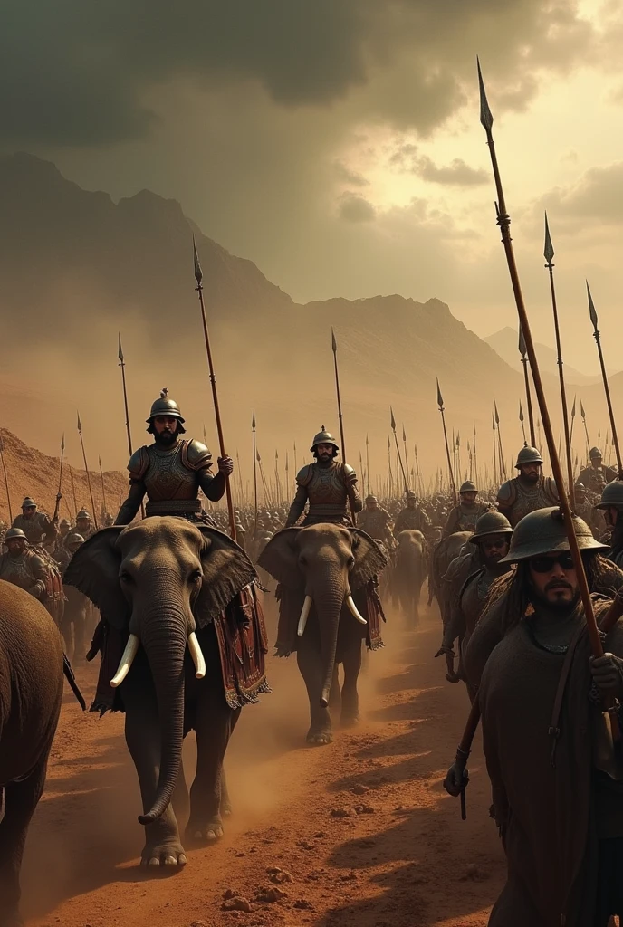 Create a powerful and intense scene showing Abraha's vast army marching toward Mecca. The image should feature a large number of warriors in ancient Arabian armor, holding spears, shields, and swords, with grim determination on their faces. The focal point should be the massive war elephants, adorned with battle gear, their trunks raised and eyes fierce, leading the charge. The landscape should be a rugged desert with dusty trails kicked up by the marching soldiers. In the background, the distant silhouette of Mecca should be visible under a stormy sky, symbolizing the impending threat. The overall mood should be dark and foreboding, capturing the scale and menace of Abraha's assault.
