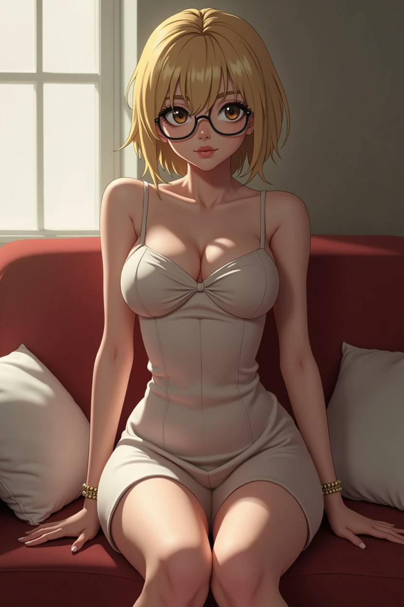 Blonde girl with short hair wearing sexy glasses and a dress (Same as the suggested image)